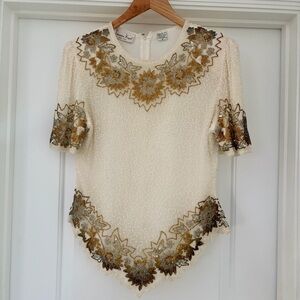 Vintage Laurence Kazar New York Cream Top with Gold and Silver Beading Size M